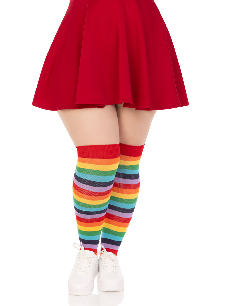 Plus Size Womens Rainbow Striped Acrylic Thigh High Stockings Main Image