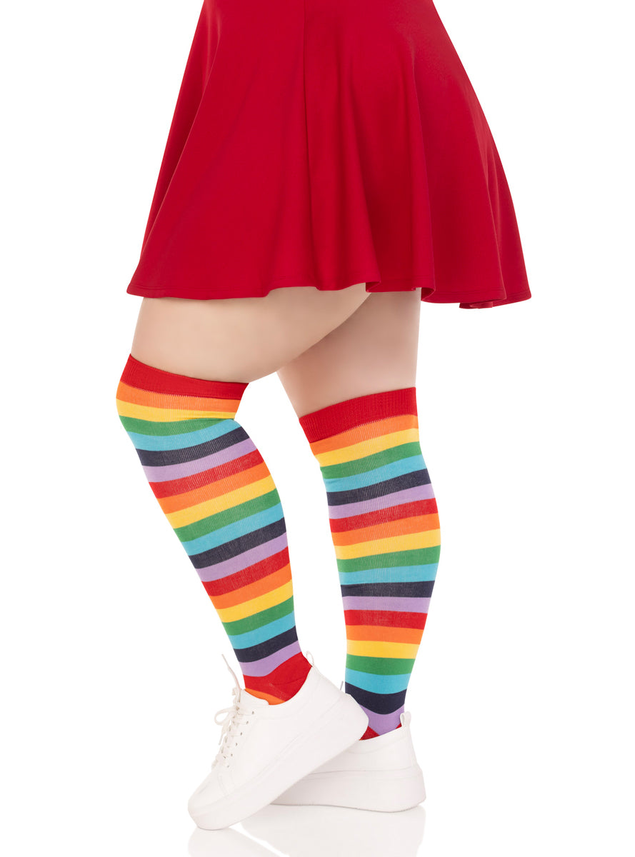 Plus Size Womens Rainbow Striped Acrylic Thigh High Stockings Side Image