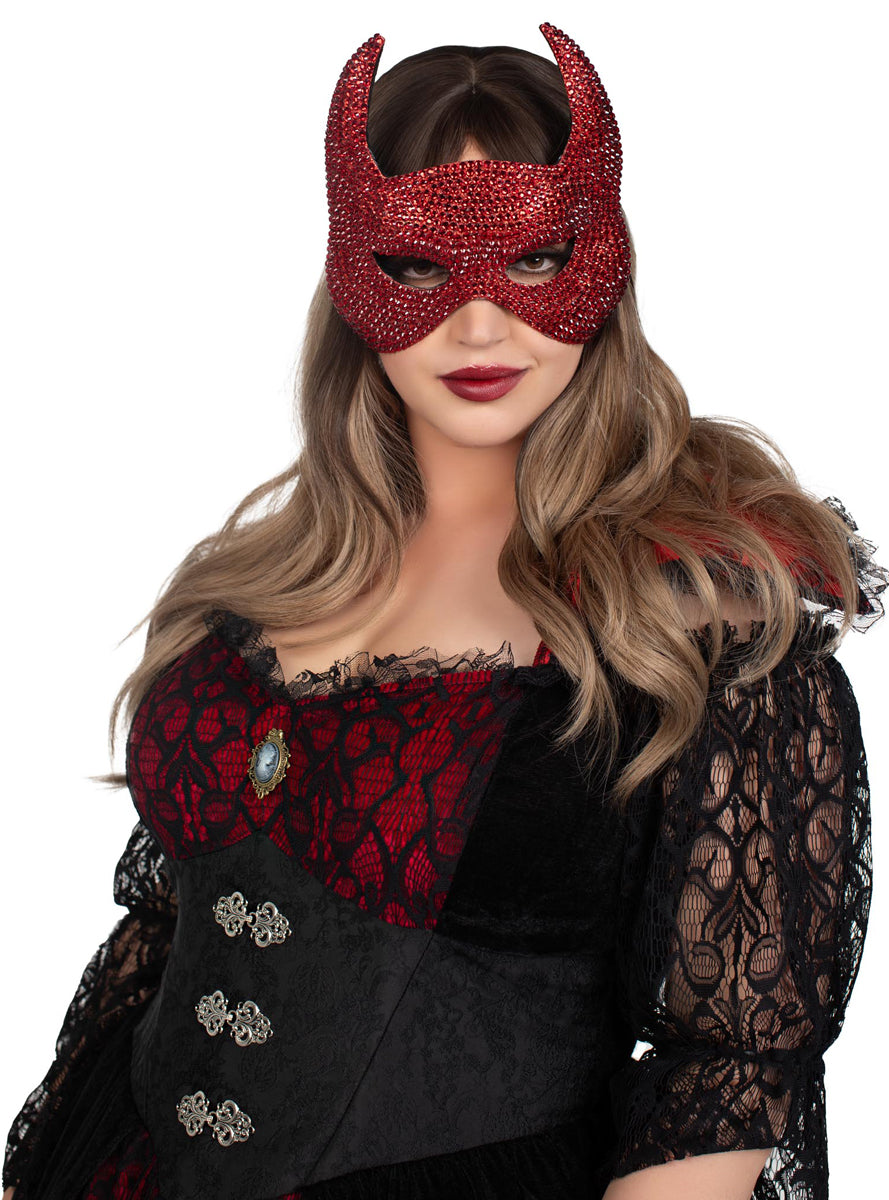 Womens Red Devil Rhinestone Halloween Costume Mask Alternative Image