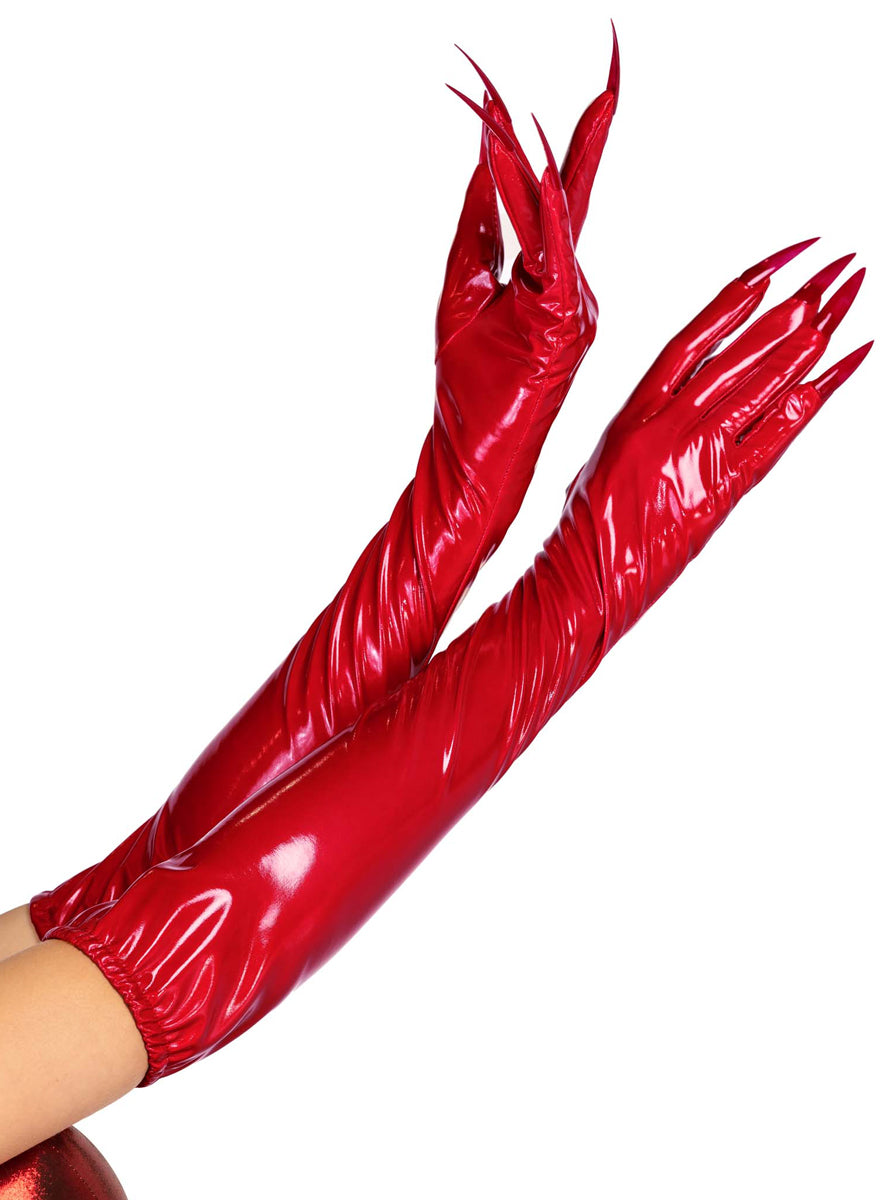 Womens Red Vinyl Long Costume Gloves With Claws Main Image