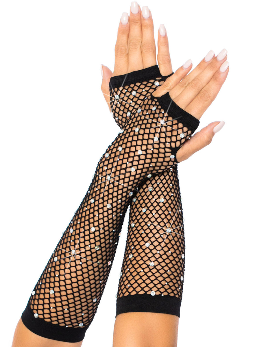 Black Rhinestone Fingerless Fishnet Costume Arm Warmers