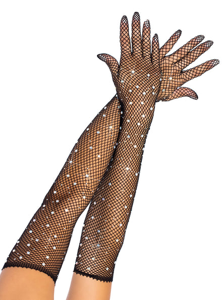 Black Rhinestone Fishnet Opera Length Costume Gloves Main Image