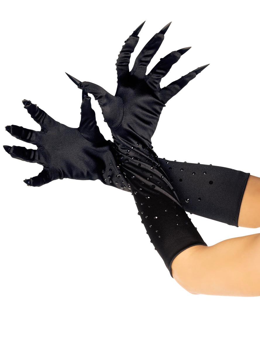 Womens Black Rhinestone Claws Elbow Length Costume Gloves Alternative Image