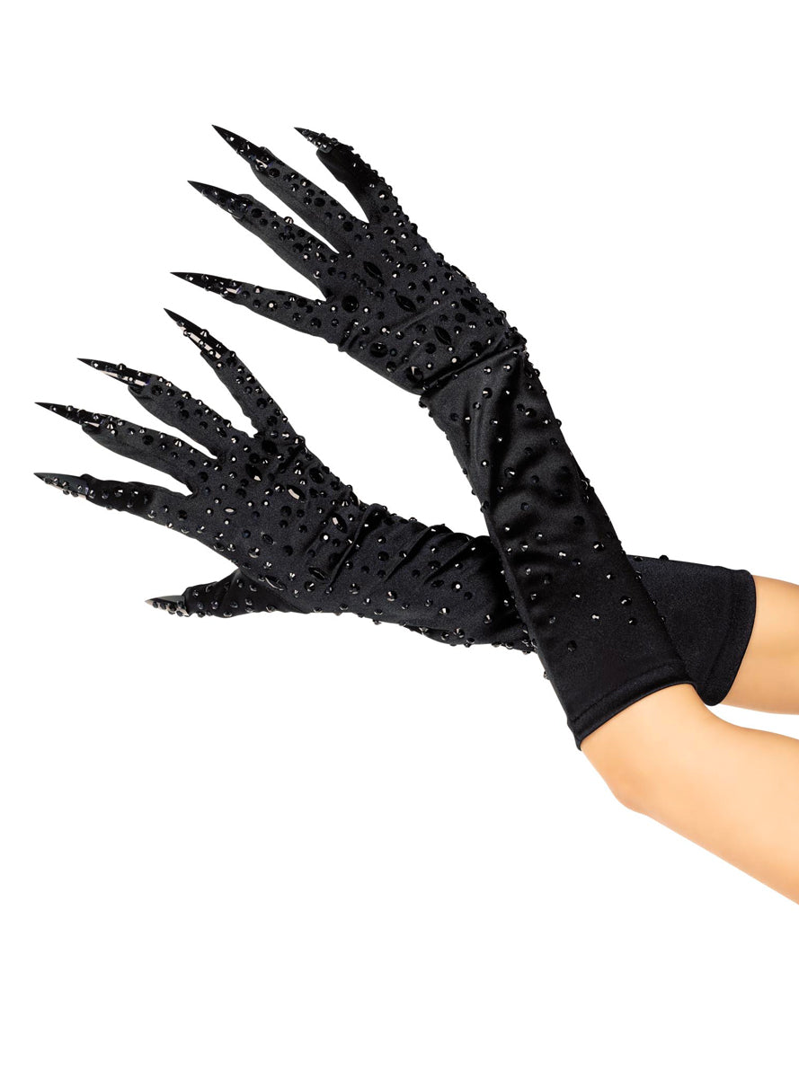Womens Black Rhinestone Claws Elbow Length Costume Gloves Main Image