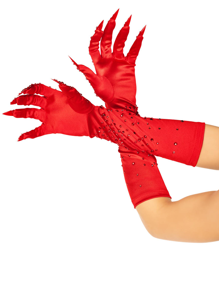 Womens Red Rhinestone Claws Elbow Length Costume Gloves Alternative Image