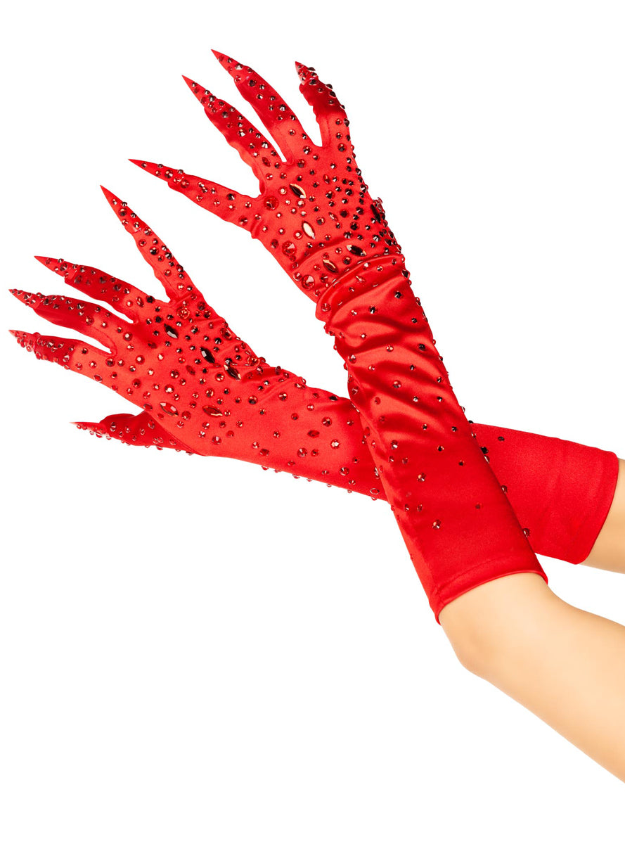 Womens Red Rhinestone Claws Elbow Length Costume Gloves Main Image
