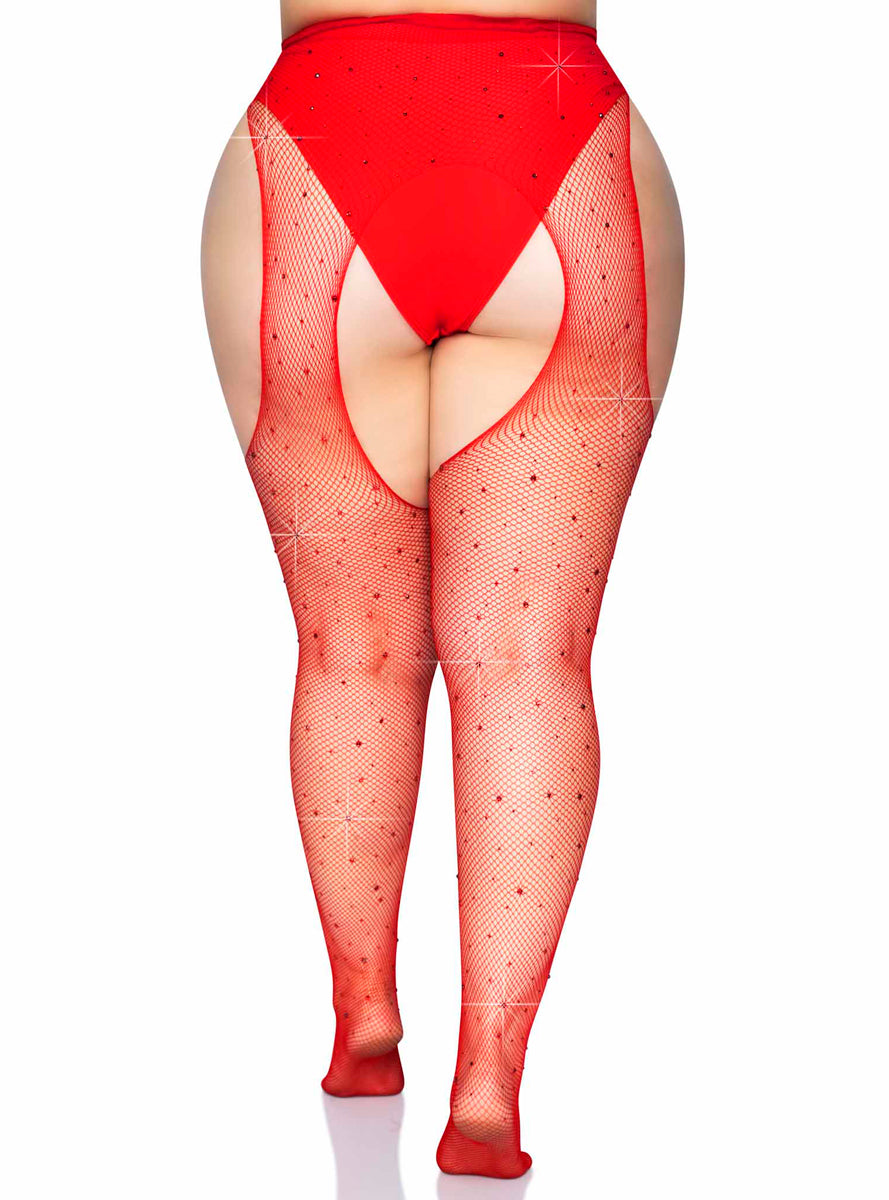 Plus Size Womens Red Rhinestone Fishnet Suspender Tights Back Image