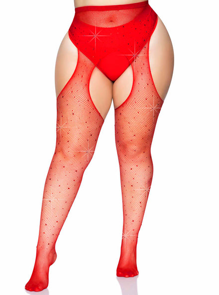 Plus Size Womens Red Rhinestone Fishnet Suspender Tights Main Image