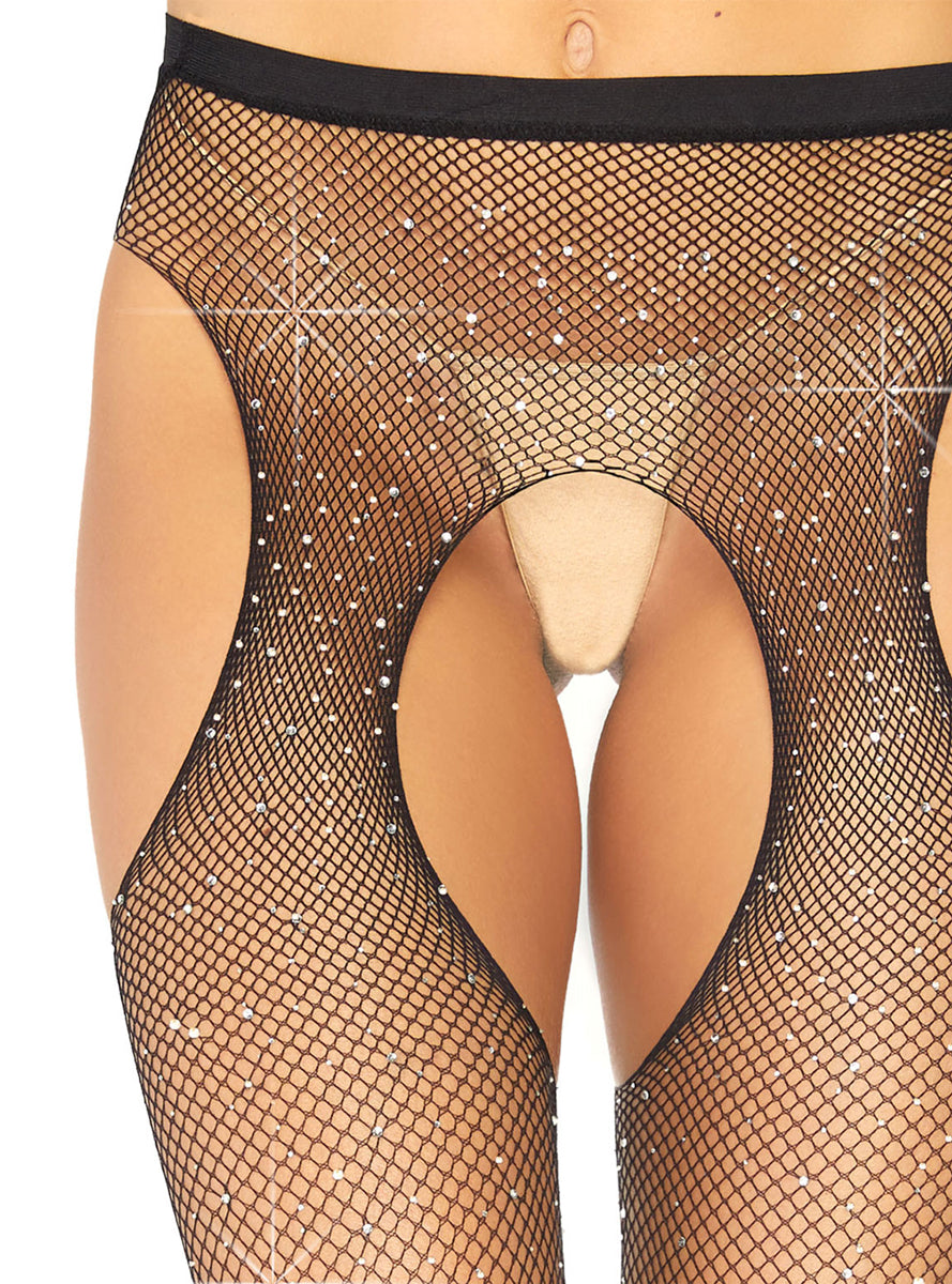 Womens Black Rhinestone Fishnet Suspender Tights Close Image 1
