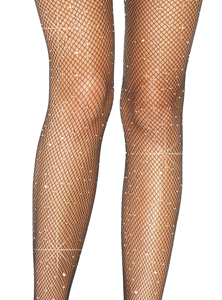 Womens Black Rhinestone Fishnet Suspender Tights Close Image 2