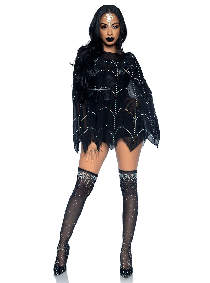 Womens Black Rhinestone Spiderweb Sheer Halloween Costume Poncho Alternative Image