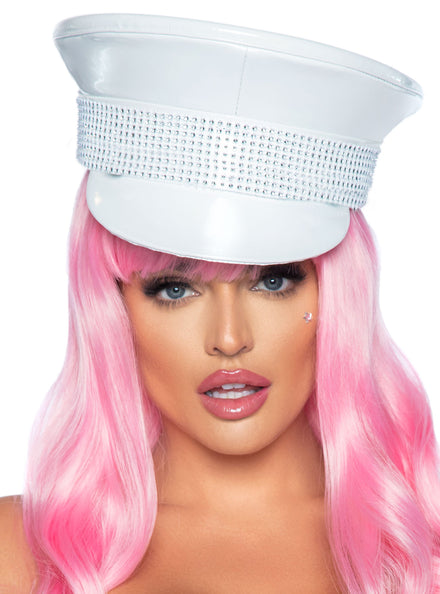 Womens White Rhinestone Trimmed Military Costume Hat