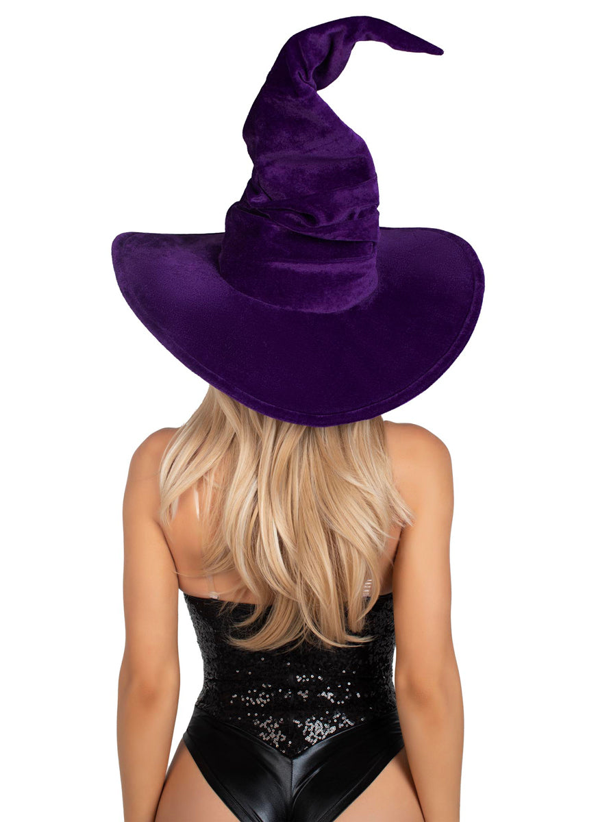 Womens Purple Ruched Velvet Witch Halloween Costume Hat Back Image