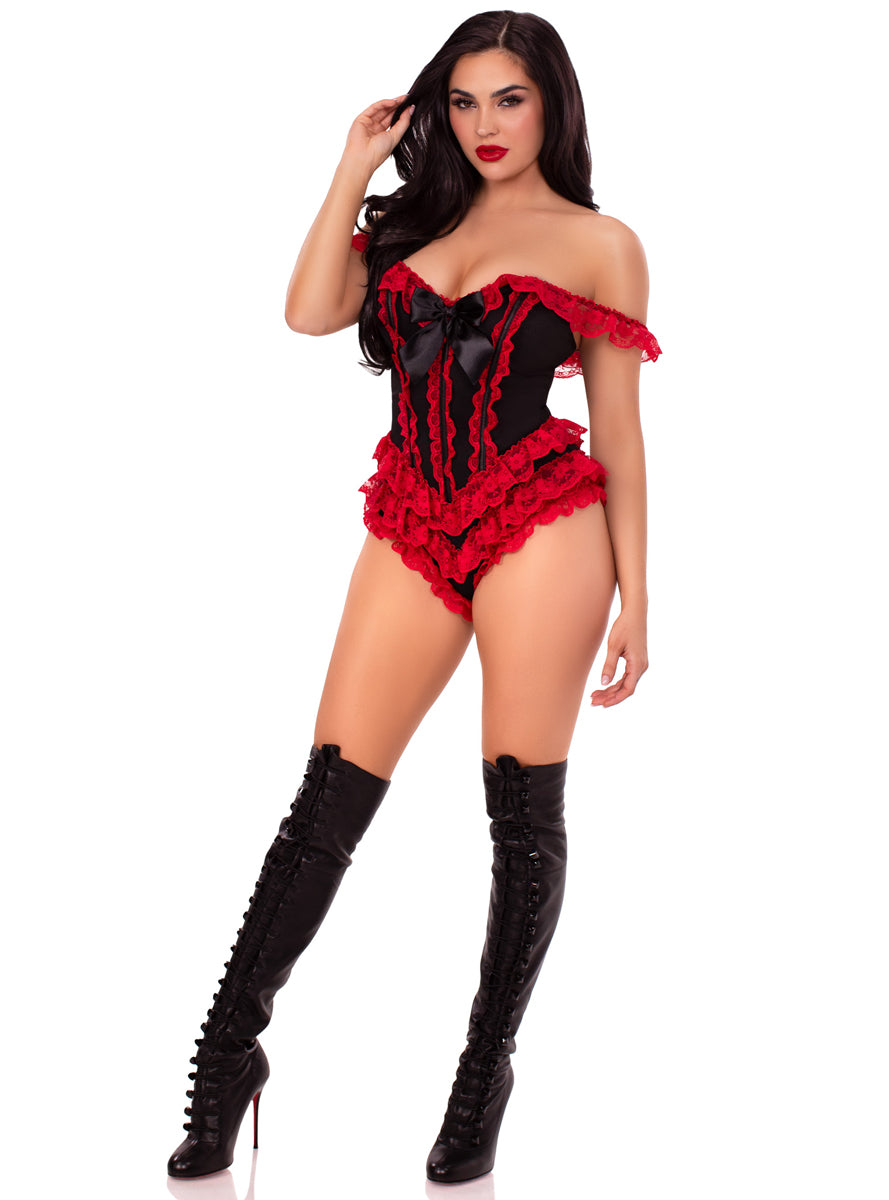 Womens Black And Red Ruffled Boned Costume Bodysuit With Bows Alternative Image