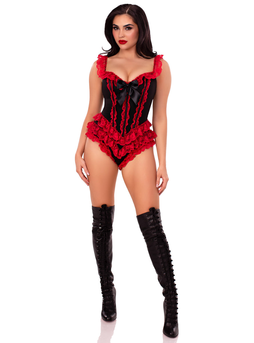 Womens Black And Red Ruffled Boned Costume Bodysuit With Bows Main Image