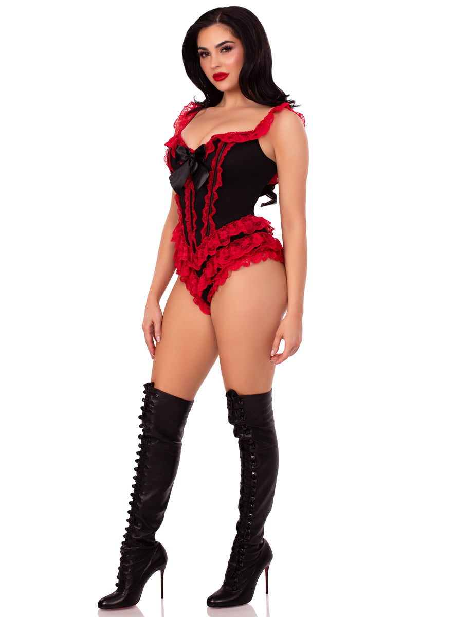 Womens Black And Red Ruffled Boned Costume Bodysuit With Bows Side Image