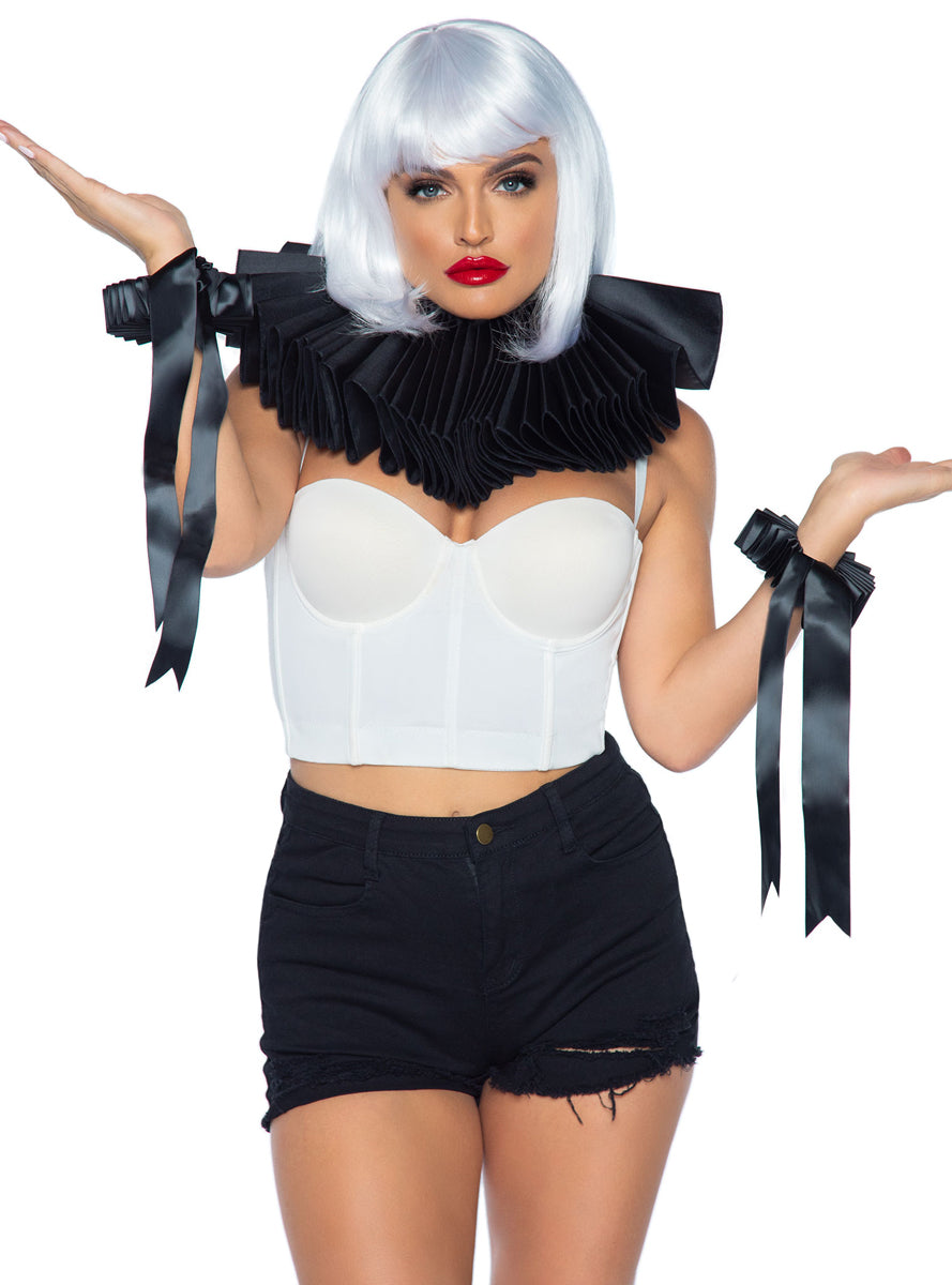 Black Ruffled Deluxe Clown Costume Neck Piece And Wrist Cuffs