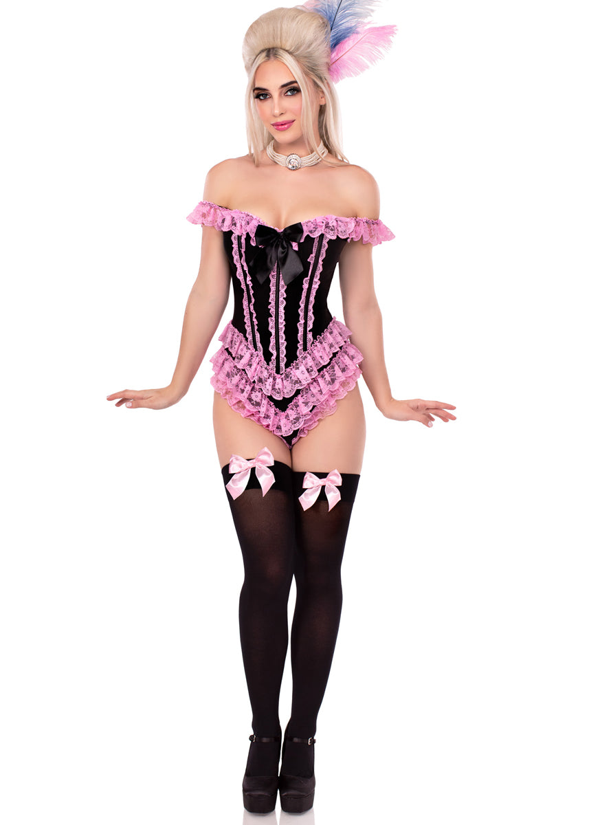 Womens Pink And Black Ruffled Boned Costume Bodysuit With Bows Alternative Image