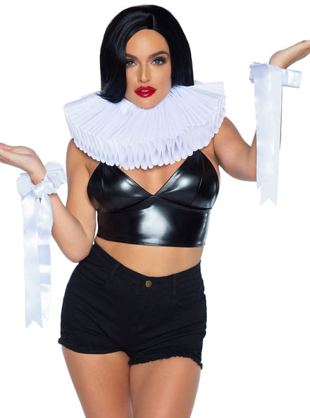White Ruffled Deluxe Clown Costume Neck Piece And Wrist Cuffs
