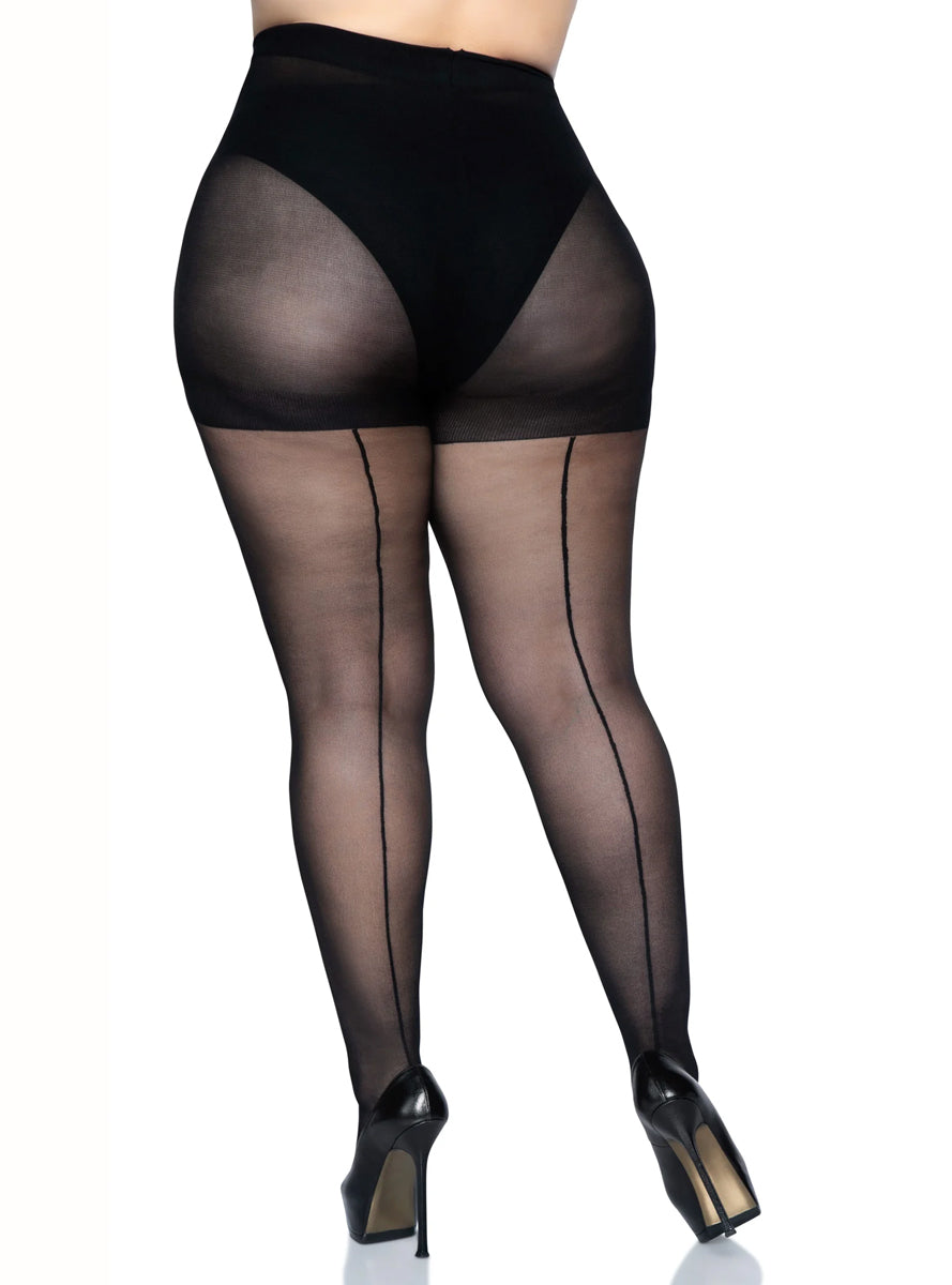 Plus Size Womens Black Full Length Stockings With Backseam Back Image