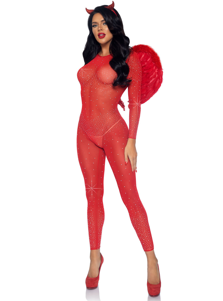 Womens Red Sheer Costume Catsuit With Rhinestones Alternative Image
