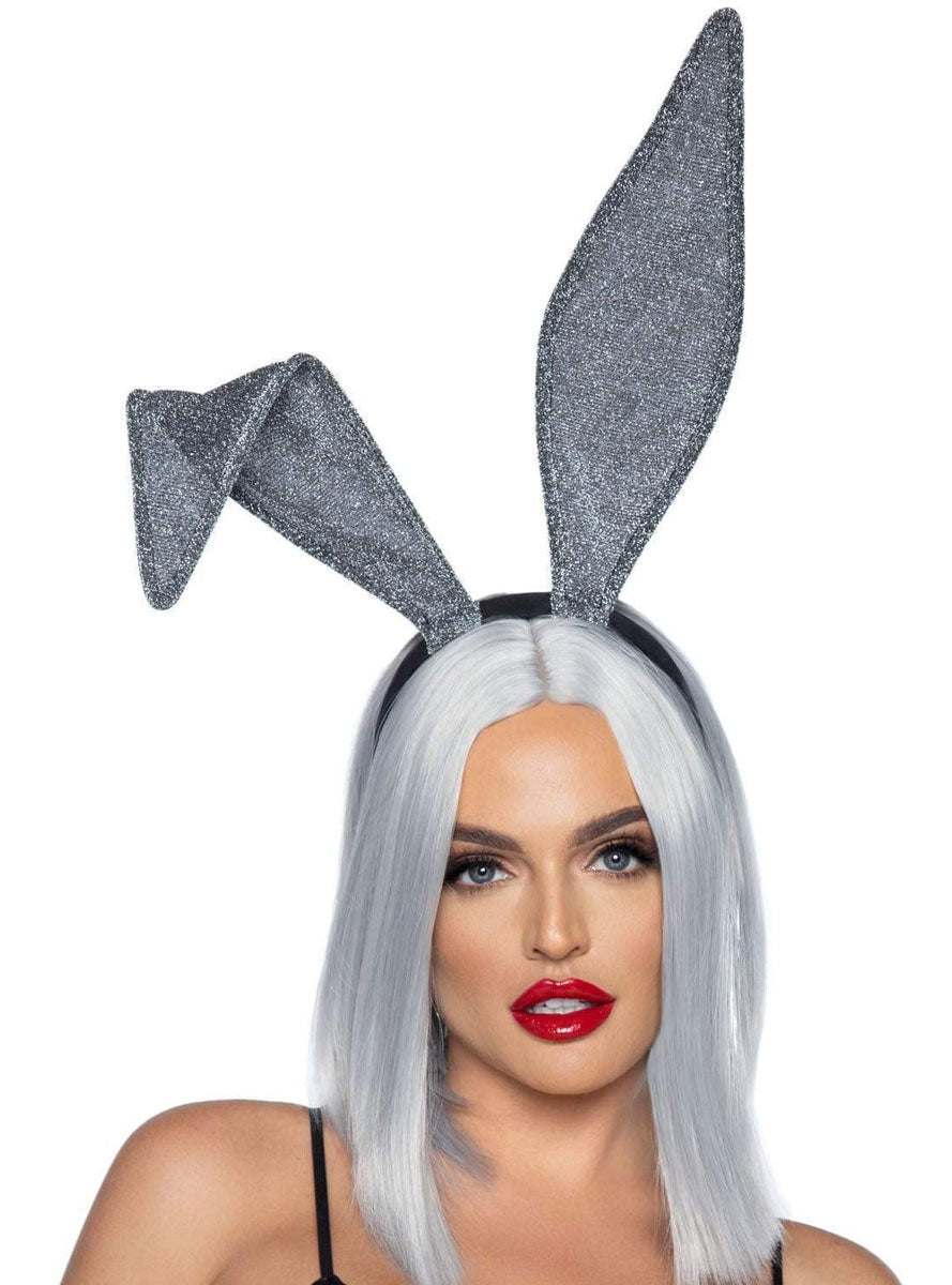 Silver Glitter Bunny Ears On Headband