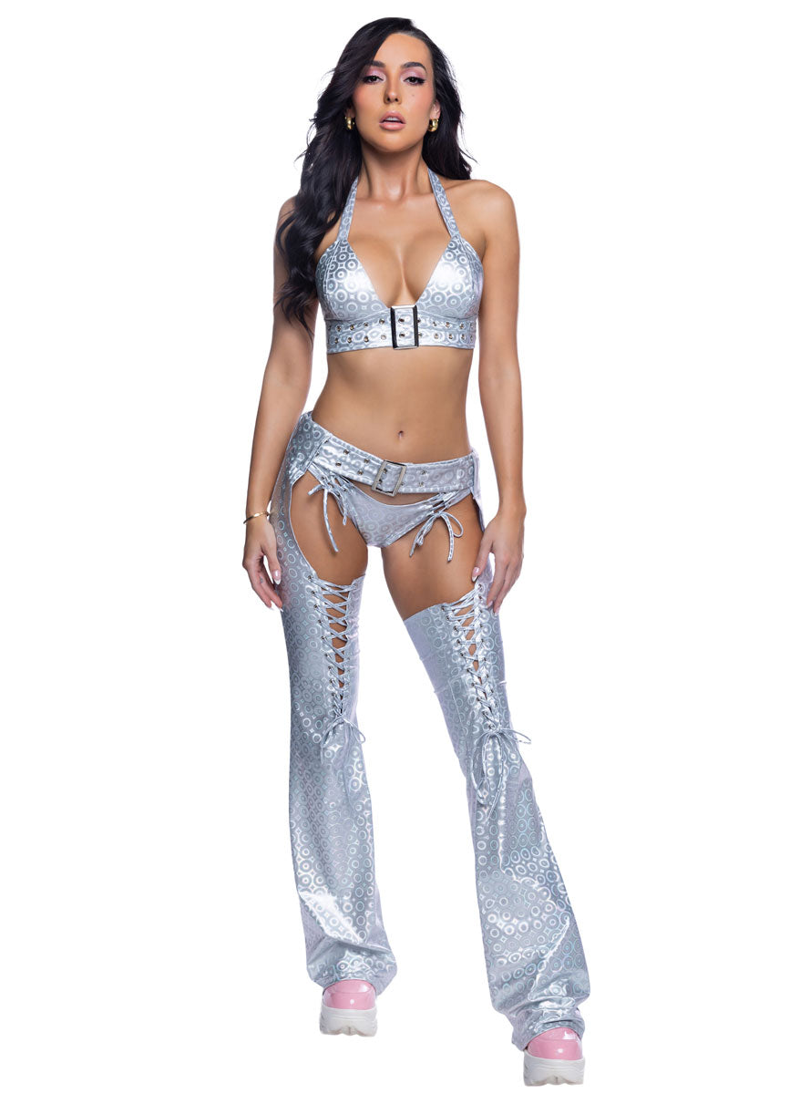 Silver Tripp Holographic Lace Up Belted Chaps