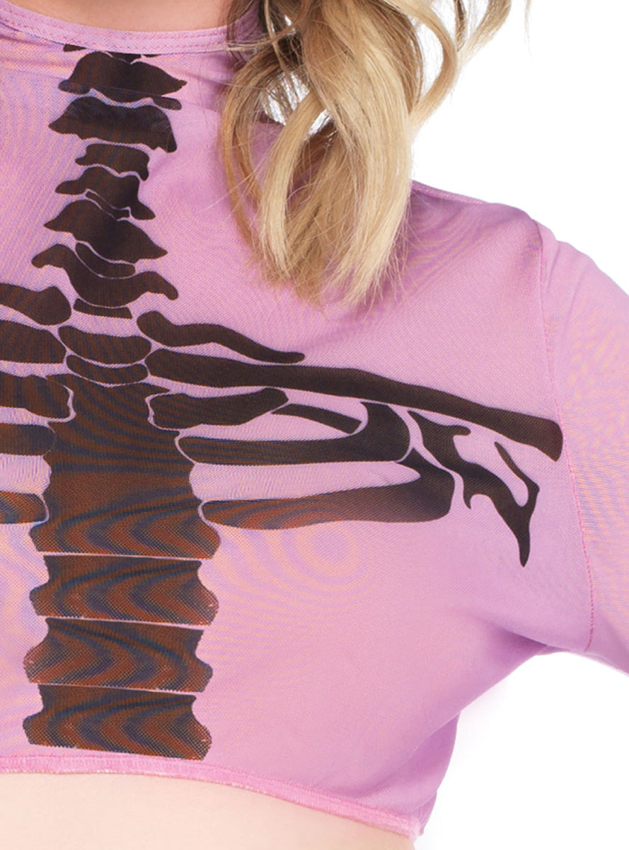 Womens Pink Skeleton Print Mesh High Neck Halloween Costume Crop Top Close Image 1