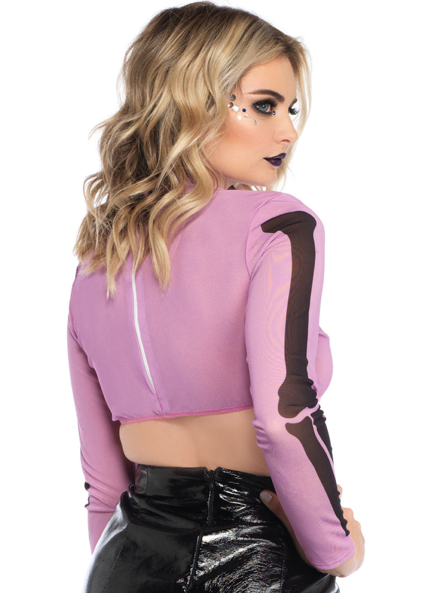 Womens Pink Skeleton Print Mesh High Neck Halloween Costume Crop Top Close Image 2