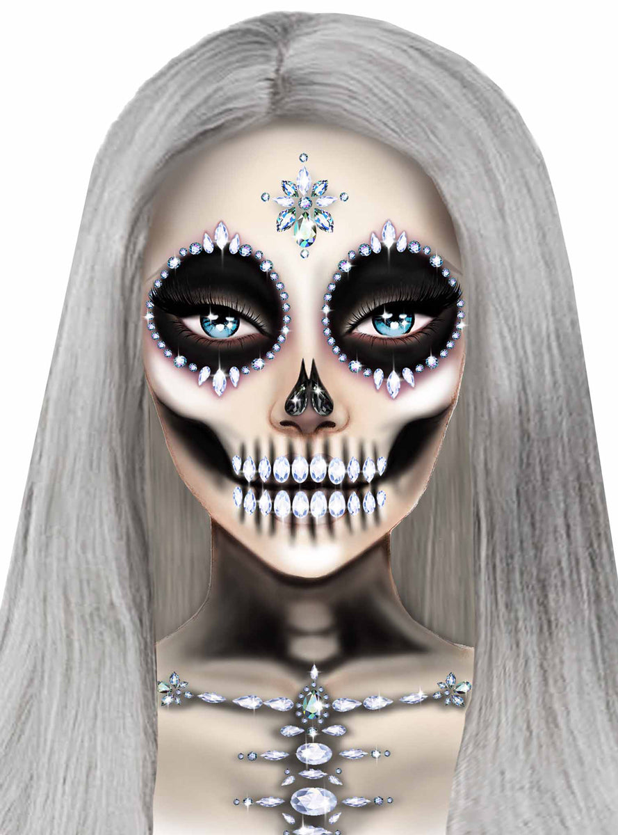 Womens Clear Skeleton Face And Chest Halloween Stick On Jewels Alternative Image 1