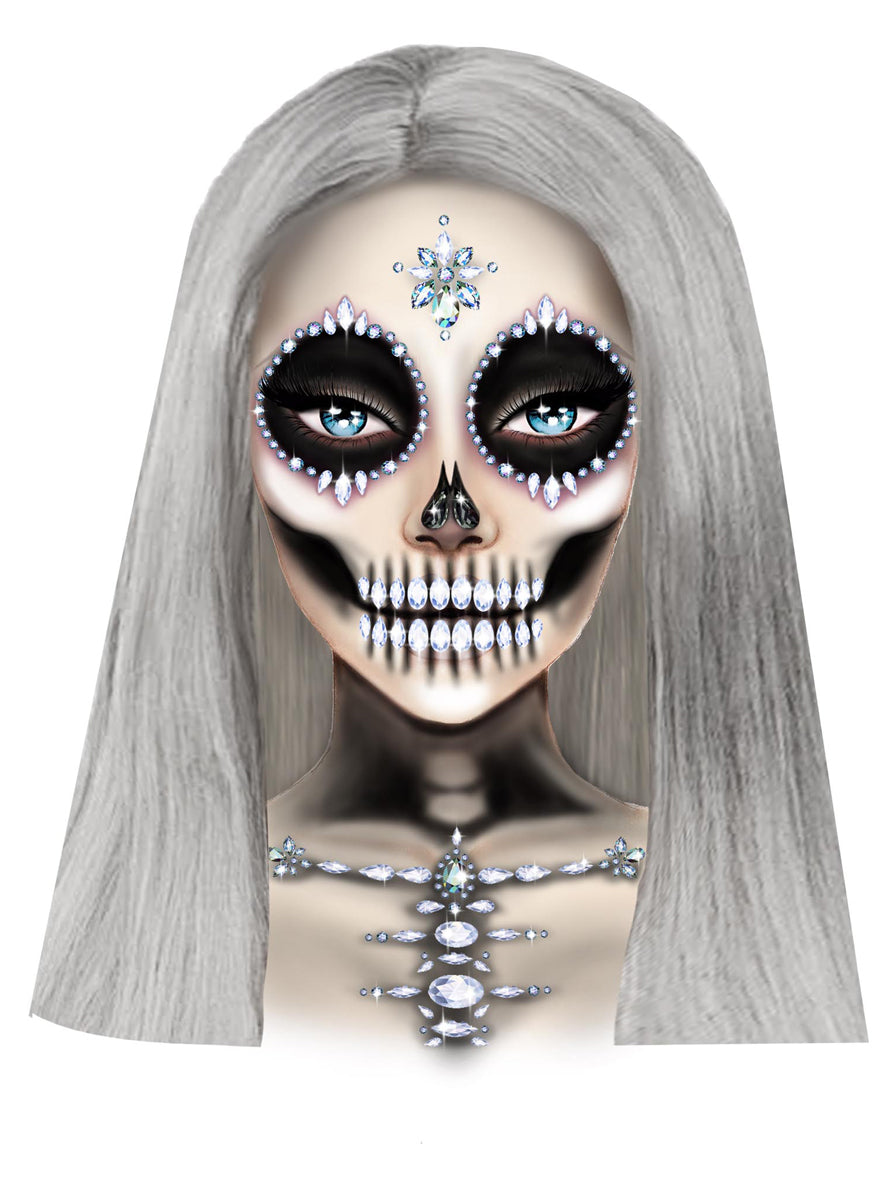 Womens Clear Skeleton Face And Chest Halloween Stick On Jewels Alternative Image 2