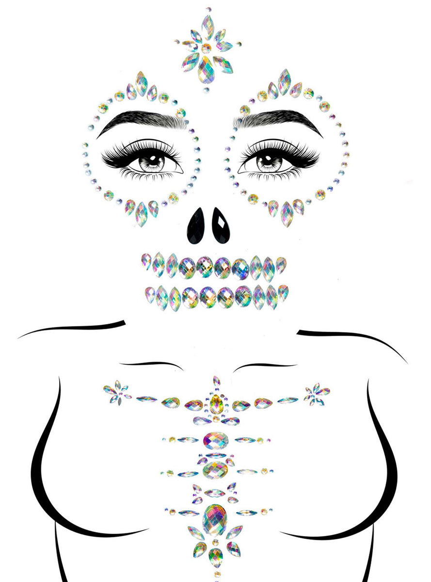 Womens Clear Skeleton Face And Chest Halloween Stick On Jewels Main Image