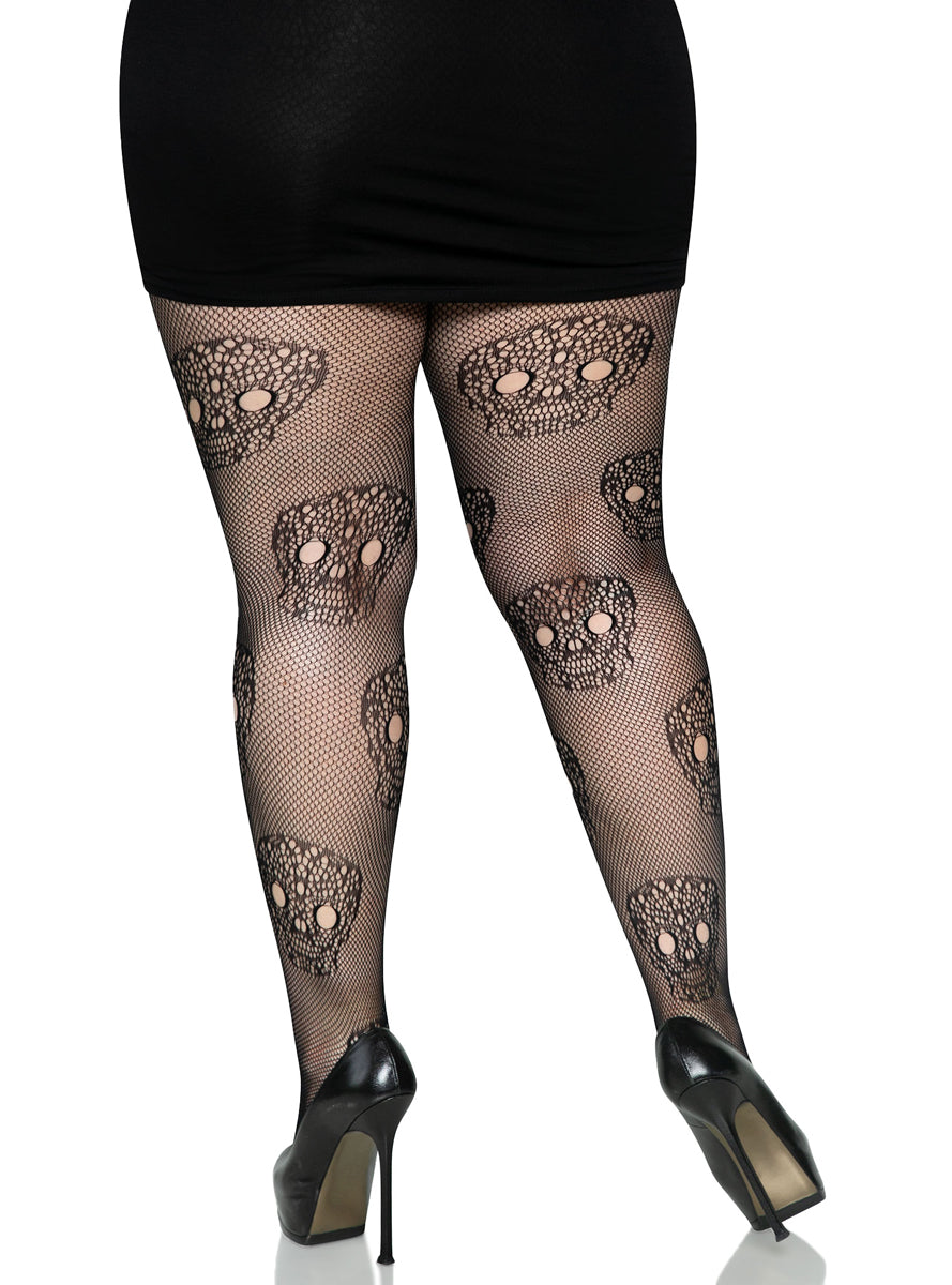 Womens Black Skull Lace Halloween Costume Tights Back Image