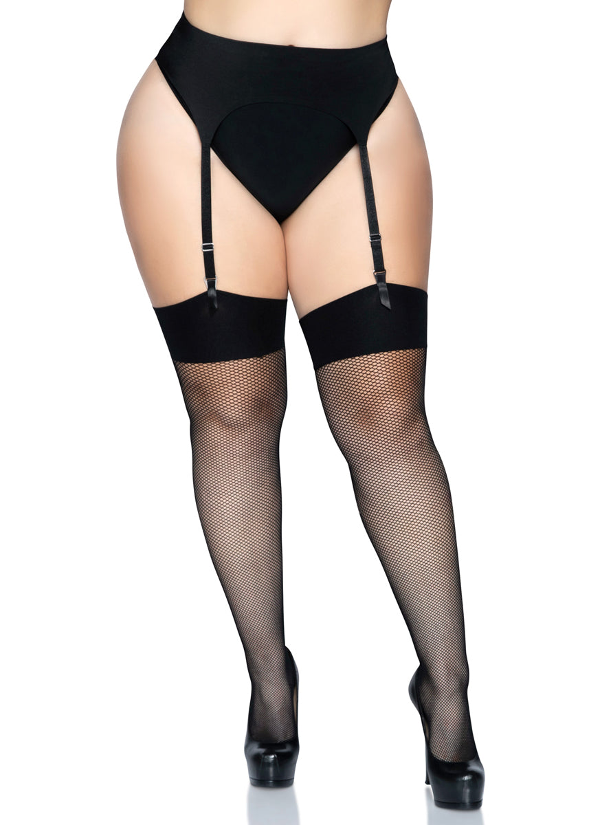 Plus Size Black Spandex Fishnet Thigh High Stockings With Wide Band Top Alternative Image
