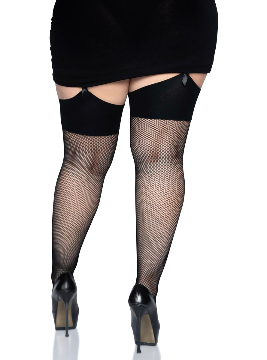 Plus Size Black Spandex Fishnet Thigh High Stockings With Wide Band Top Back Image