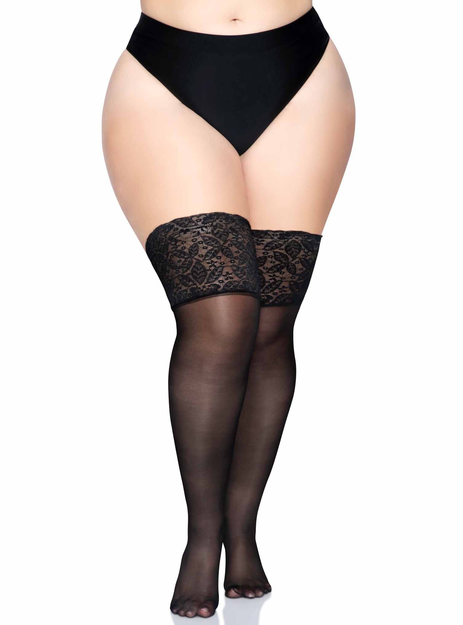 Plus Size Black Sheer Spandex Thigh Highs With Silicone Stay Up Lace Tops Alternative Image