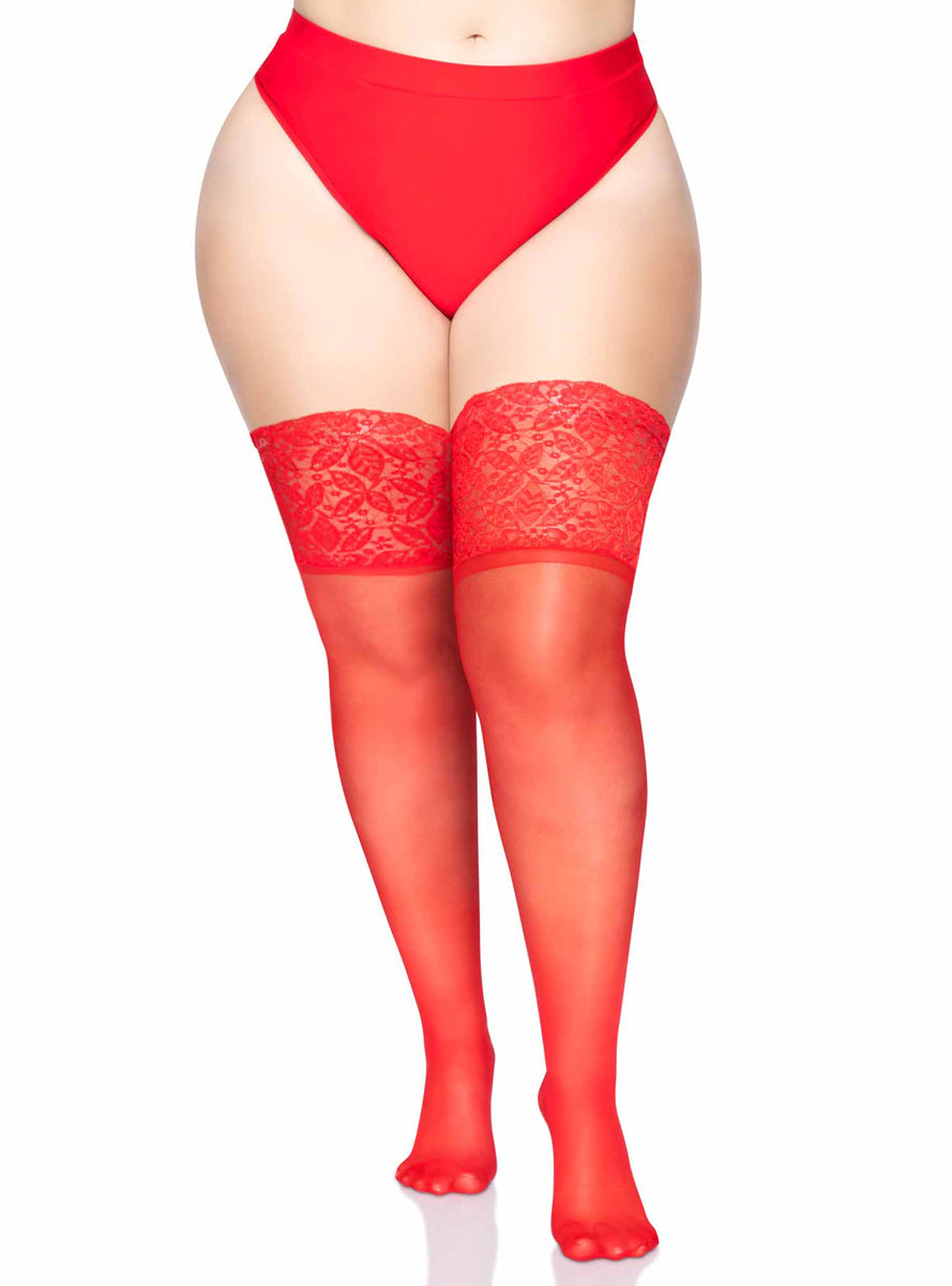 Plus Size Red Sheer Spandex Thigh Highs With Silicone Stay Up Lace Tops Alternative Image