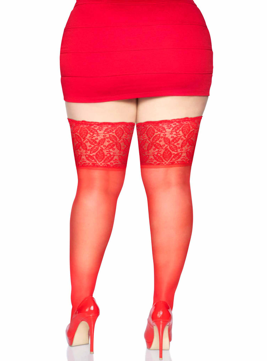 Plus Size Red Sheer Spandex Thigh Highs With Silicone Stay Up Lace Tops Back Image