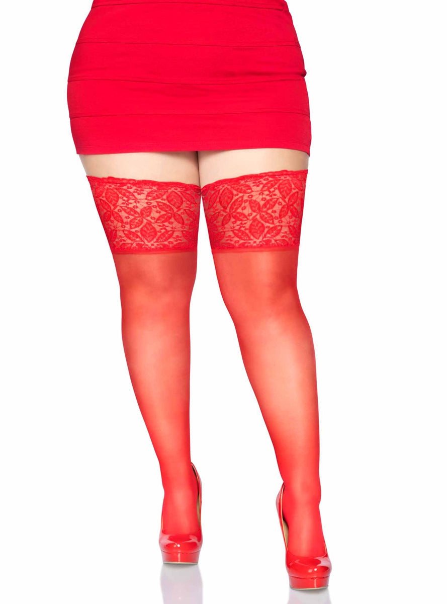 Plus Size Red Sheer Spandex Thigh Highs With Silicone Stay Up Lace Tops Main Image