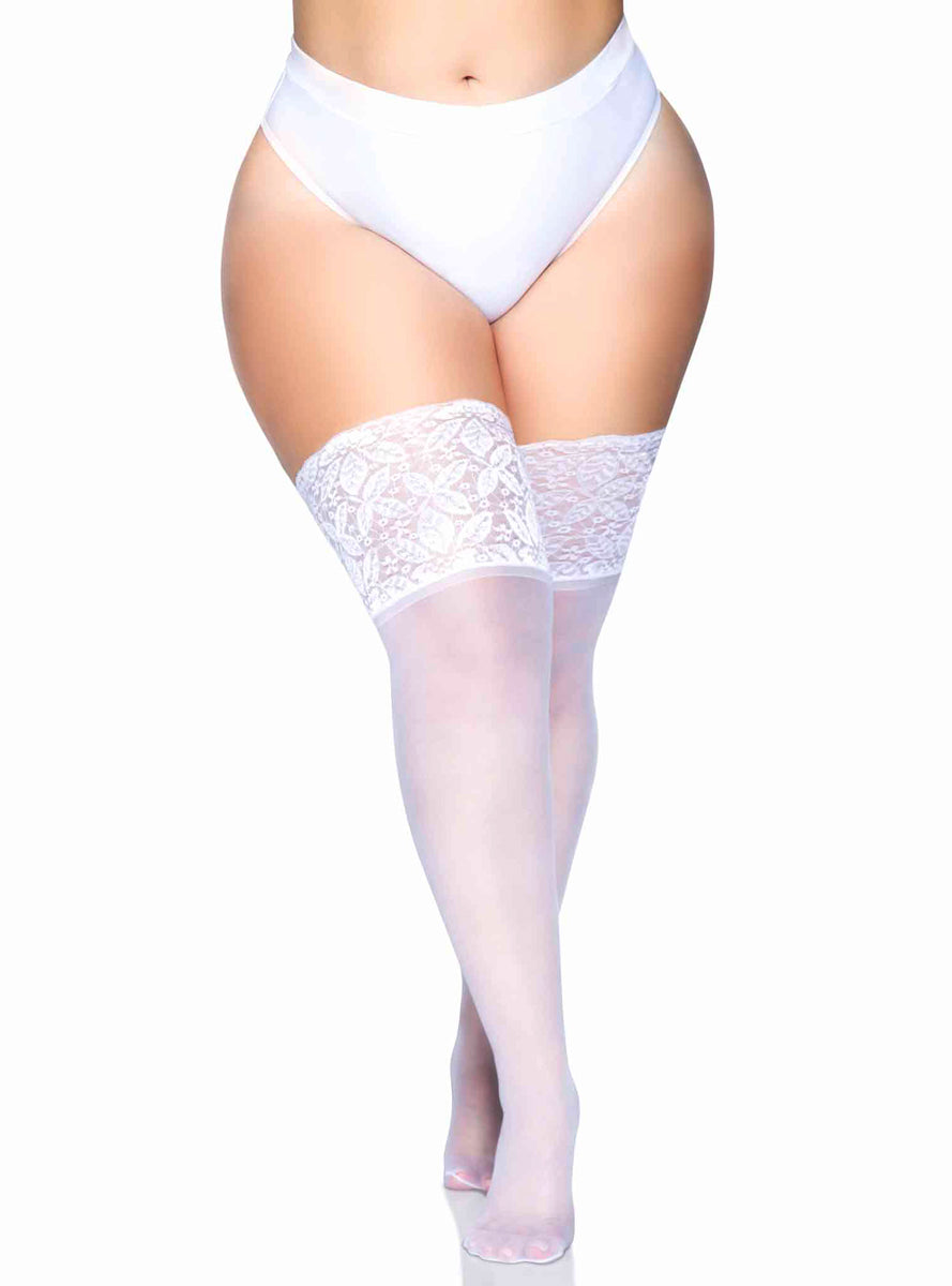 Plus Size White Sheer Spandex Thigh Highs With Silicone Stay Up Lace Tops Alternative Image