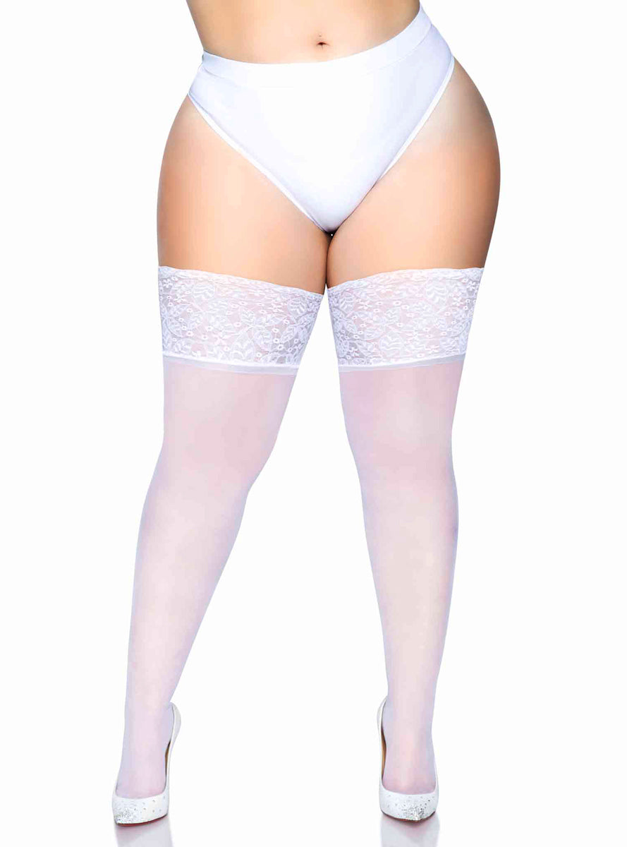 Plus Size White Sheer Spandex Thigh Highs With Silicone Stay Up Lace Tops Main Image