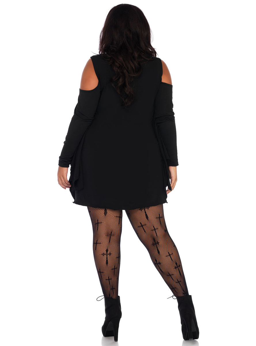 Plus Size Womens Black Spider Web Halloween Costume Dress Back Image