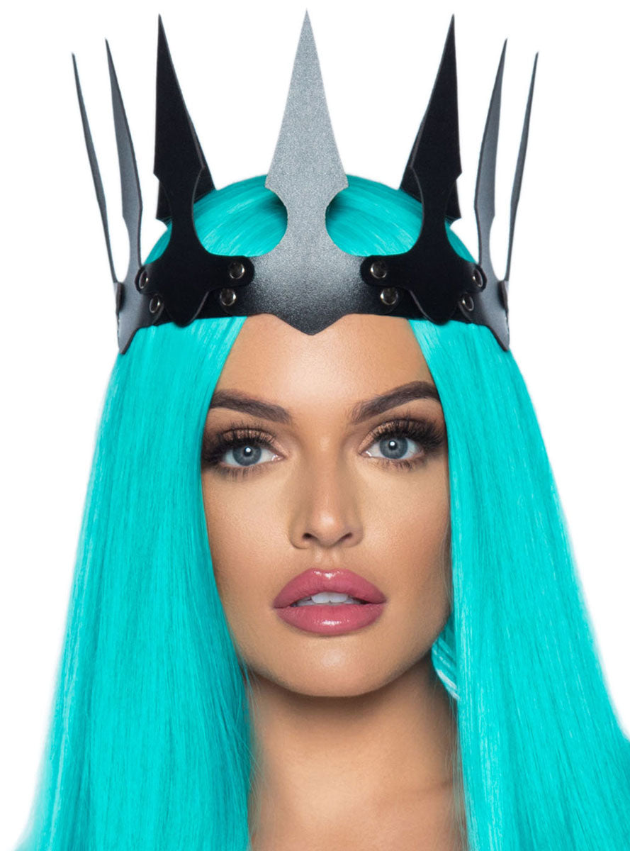 Black Spiked Faux Leather Womens Costume Crown