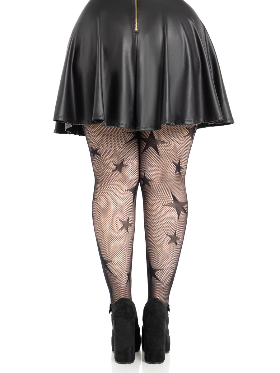 Plus Size Womens Black Star Net Halloween Costume Tights Back Image