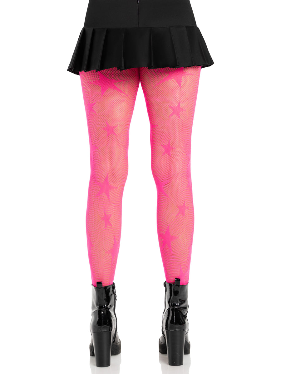 Womens Neon Pink Star Net Halloween Costume Tights Back Image
