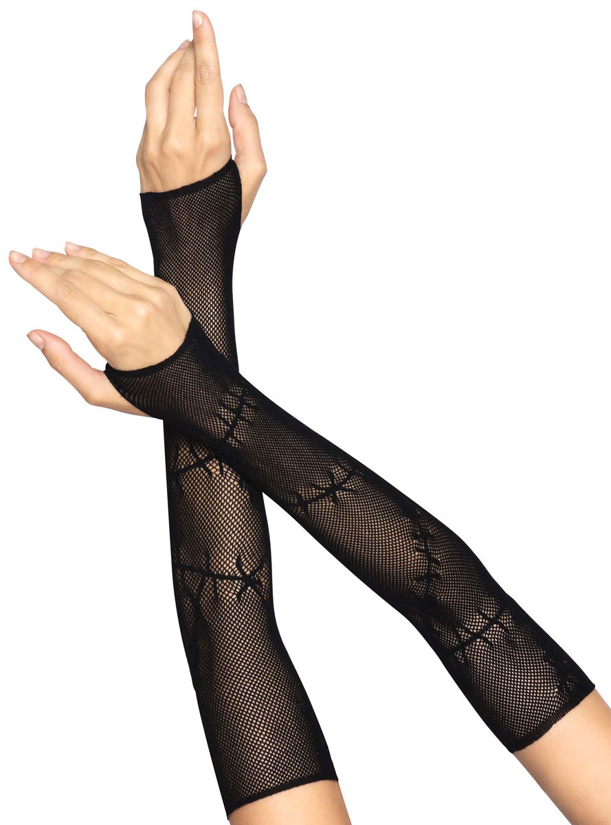 Black Stitched Up Fingerless Fishnet Arm Warmers Main Image