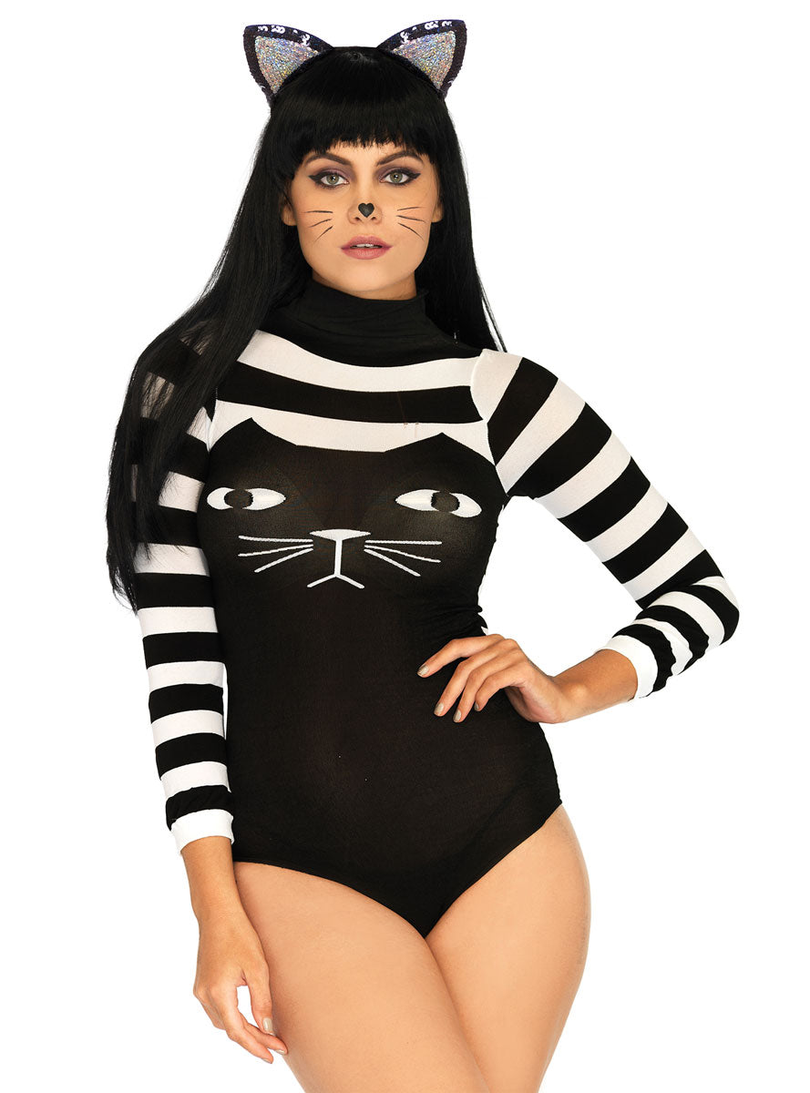 Womens Black And White Striped Cat Long Sleeve Costume Bodysuit Main Image