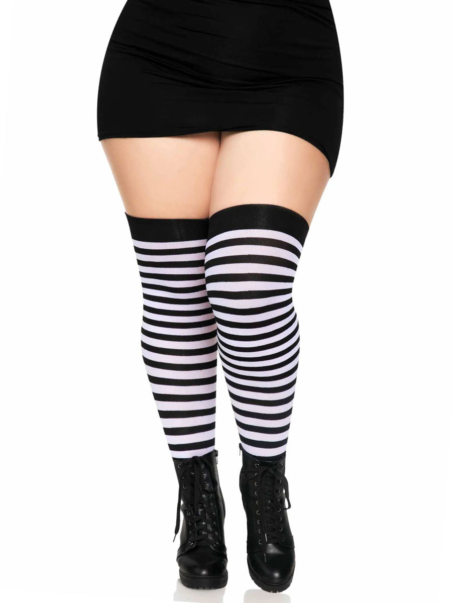 Plus Size Black And White Striped Nylon Costume Tights Main Image