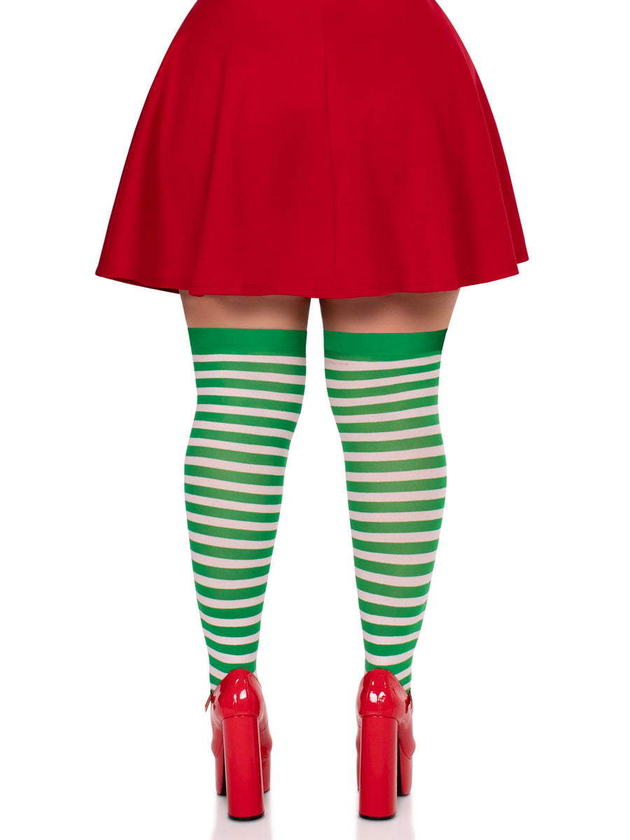 Plus Size Green And White Striped Nylon Costume Tights Back Image