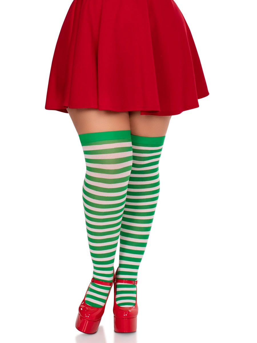 Plus Size Green And White Striped Nylon Costume Tights Main Image